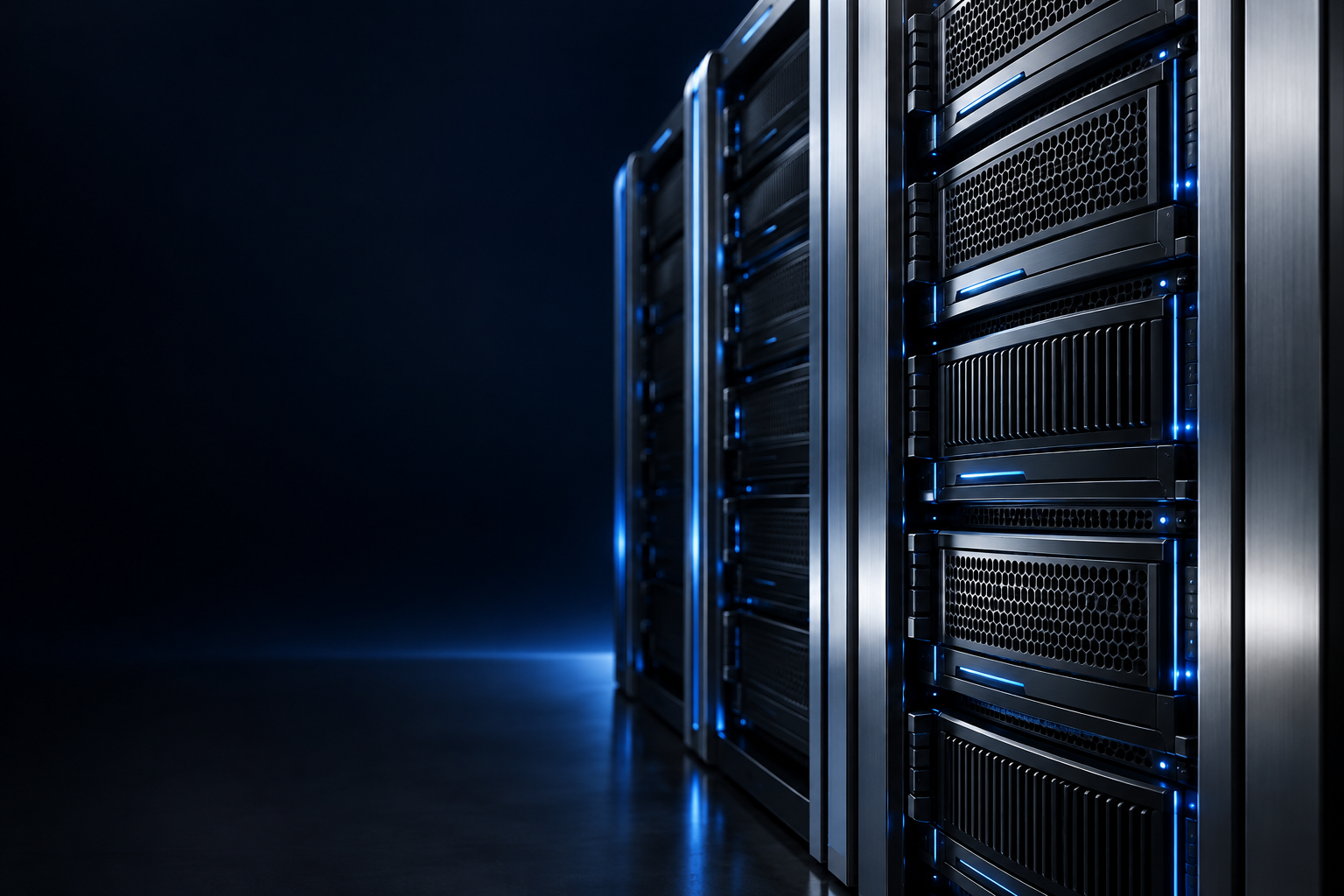 Silver enterprise servers illuminated with blue light